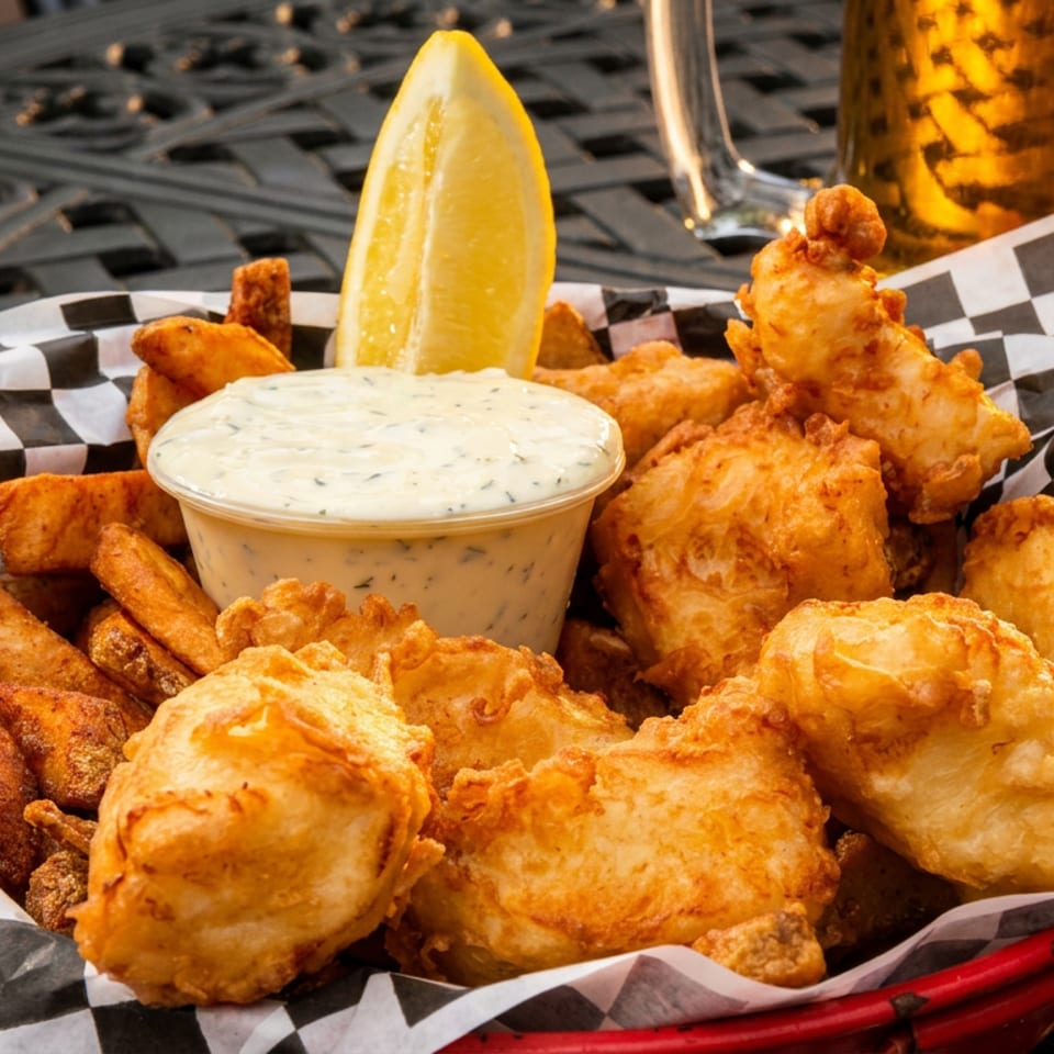 Crispy fish and chips in a red basket with tartar sauce, lemon, and a beer.